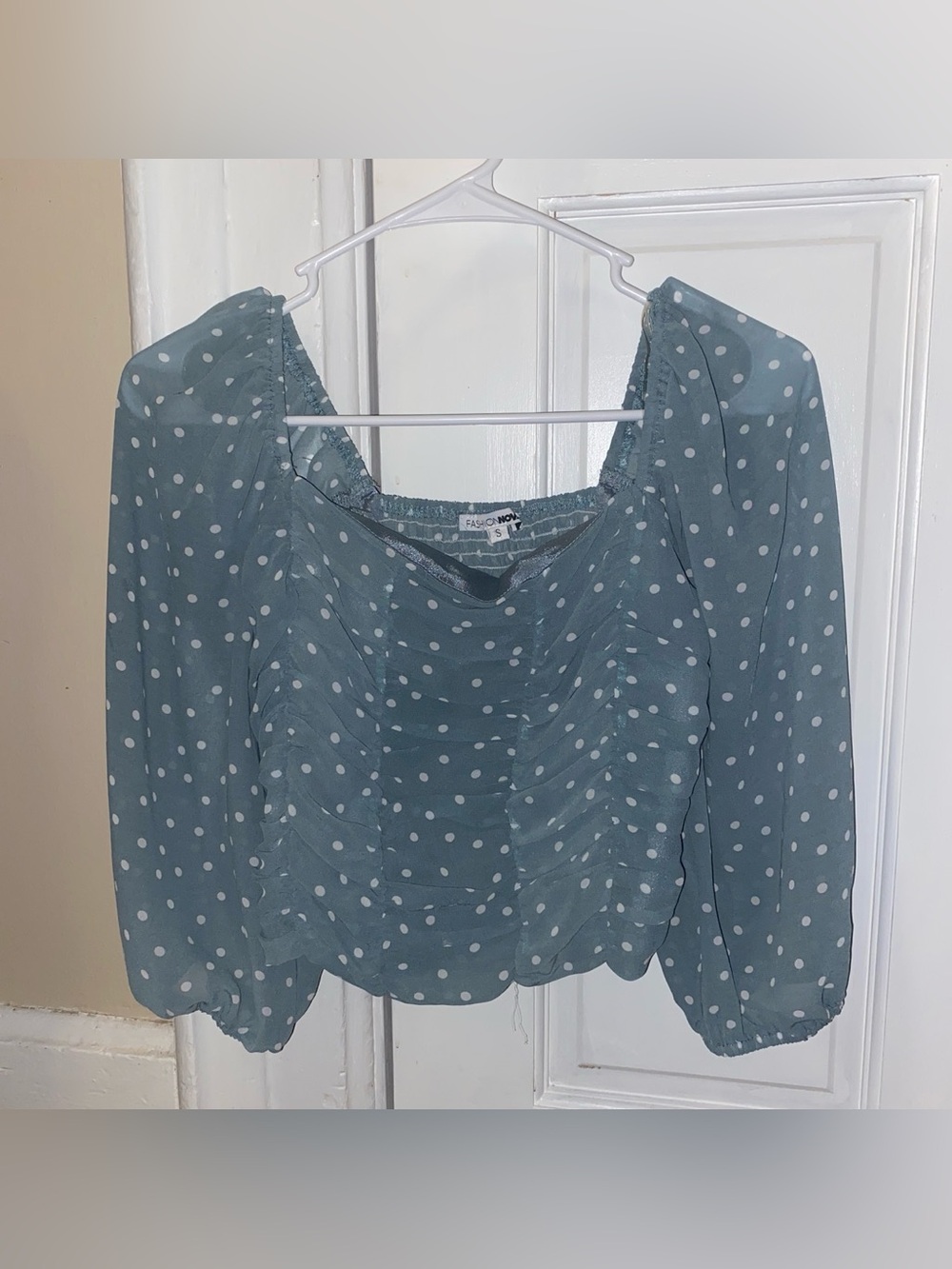 Fashion Nova Dusty Blue Polka Dot Peasant Top